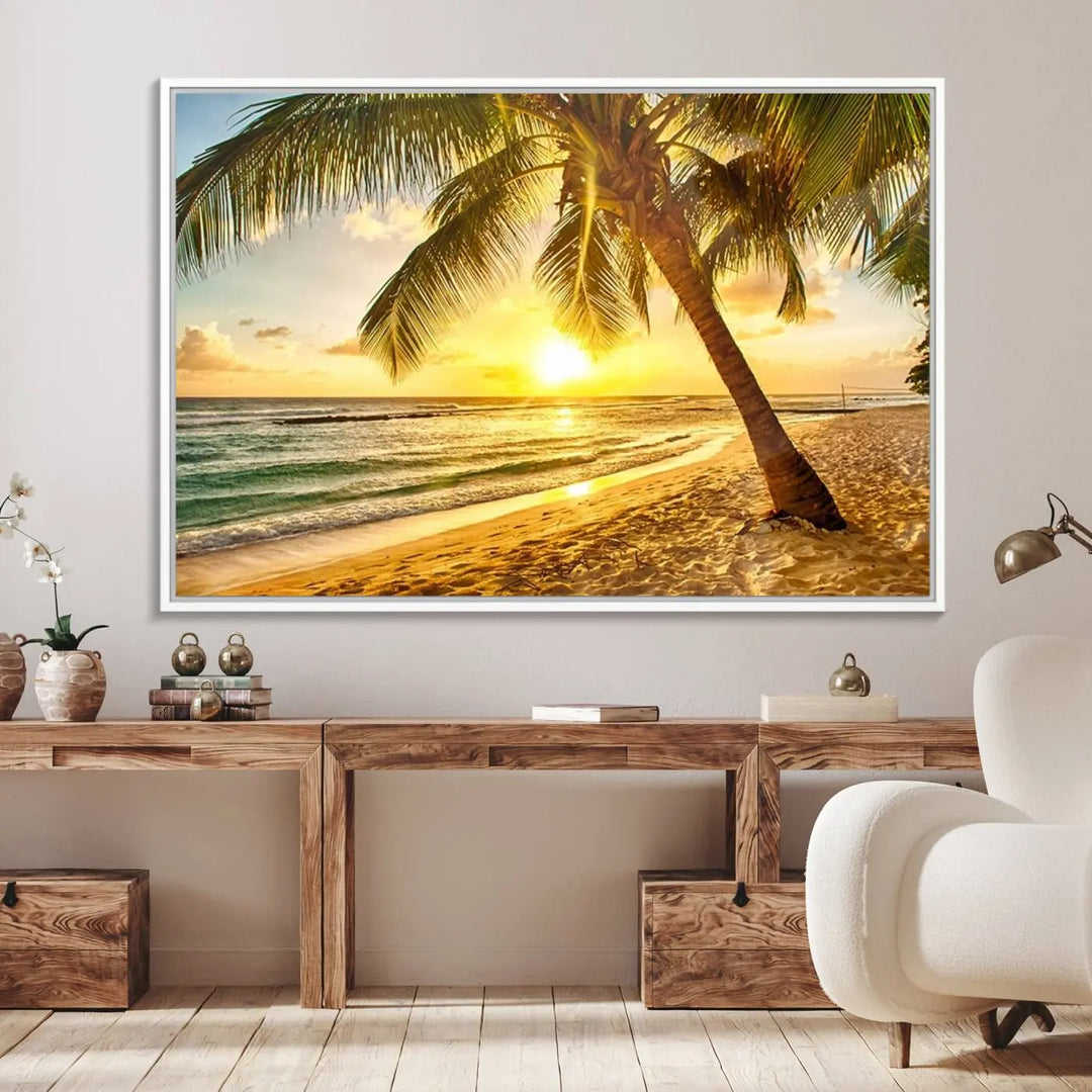 Beach Sunset Canvas Wall Art with a palm tree embellishes a living room with modern decor.