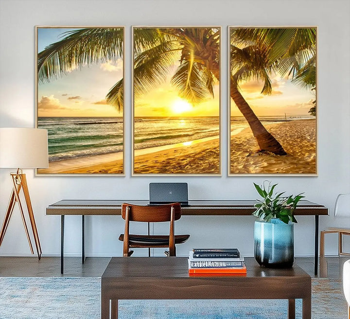 Beach Sunset Canvas Wall Art with a palm tree embellishes a living room with modern decor.