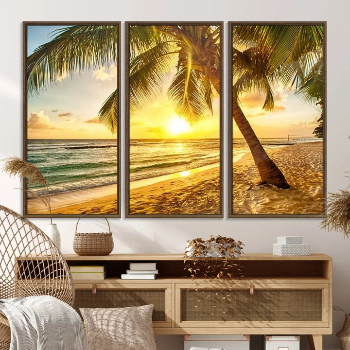 Beach Sunset Canvas Wall Art with a palm tree embellishes a living room with modern decor.