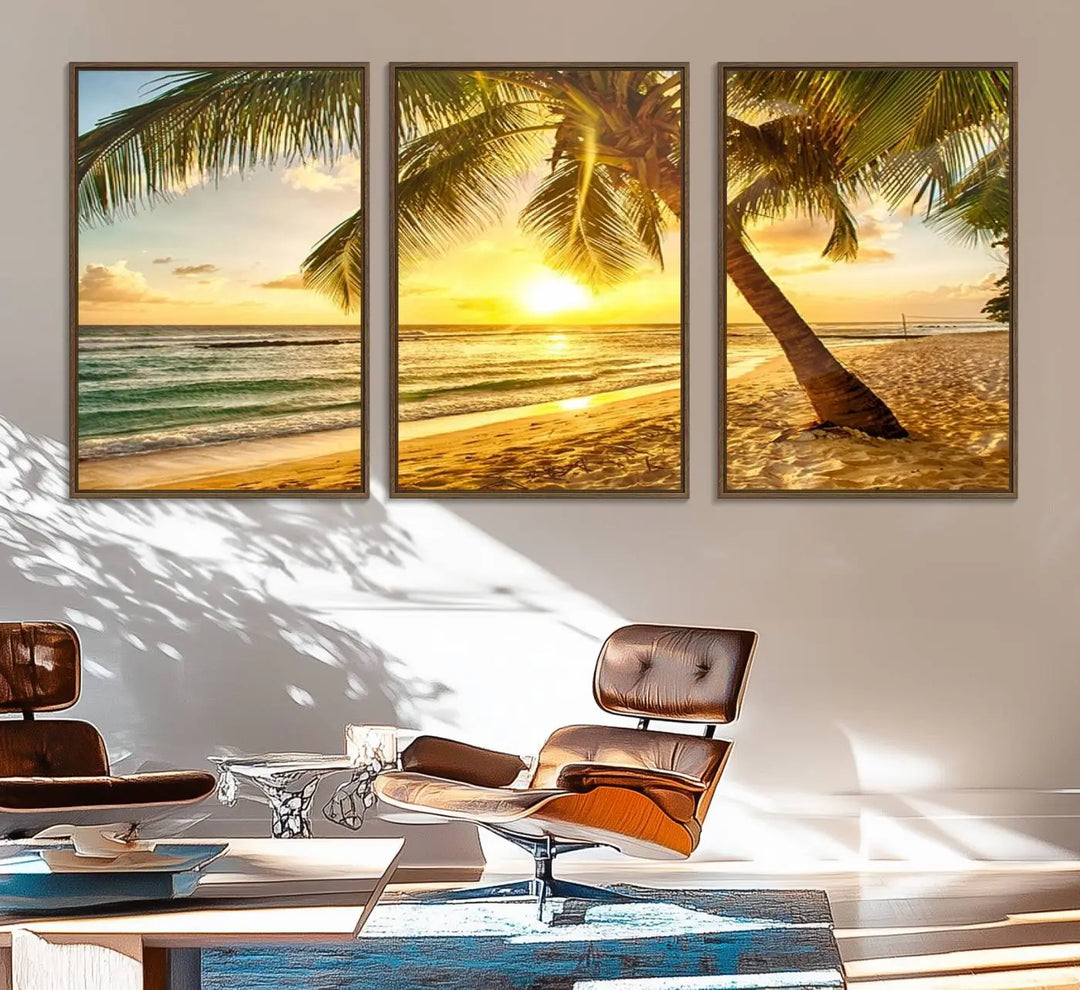 Beach Sunset Canvas Wall Art with a palm tree embellishes a living room with modern decor.