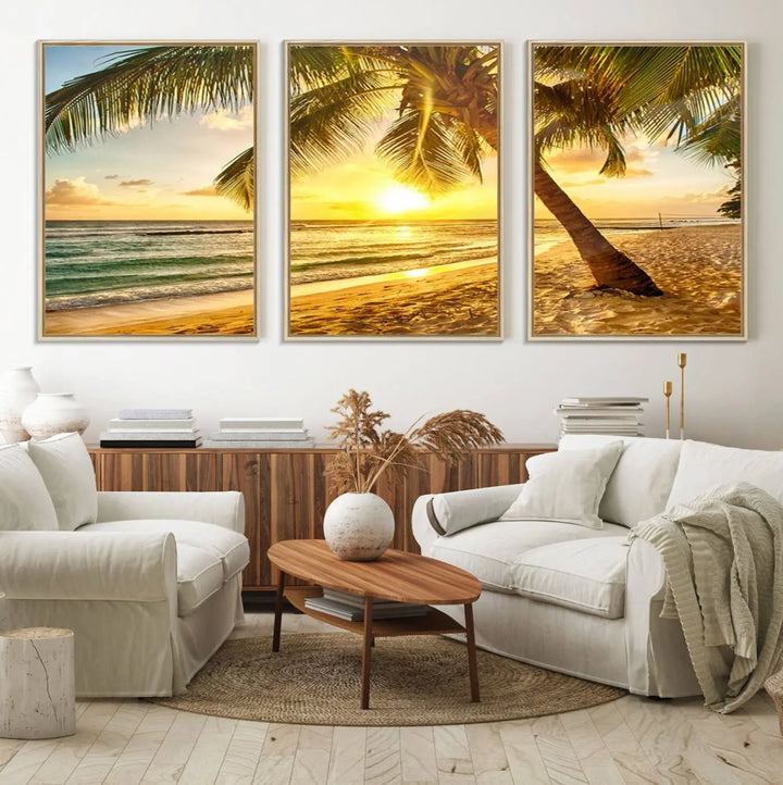 Beach Sunset Canvas Wall Art with a palm tree embellishes a living room with modern decor.