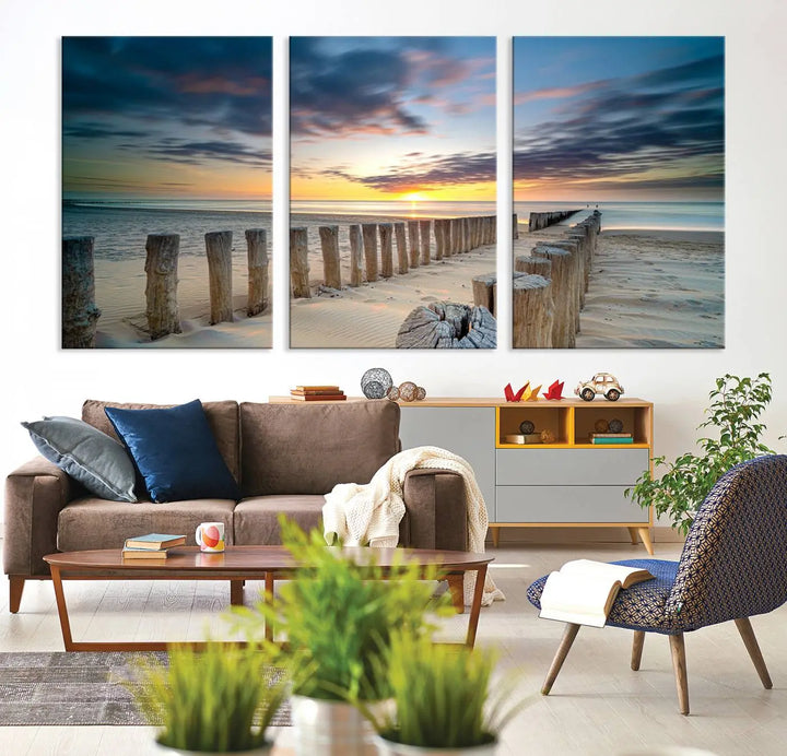 A museum-quality Beach Sunset Ocean Wall Art Canvas Print arranged as a triptych, depicting a tranquil beach sunset scene.