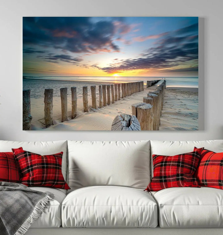 A museum-quality Beach Sunset Ocean Wall Art Canvas Print arranged as a triptych, depicting a tranquil beach sunset scene.