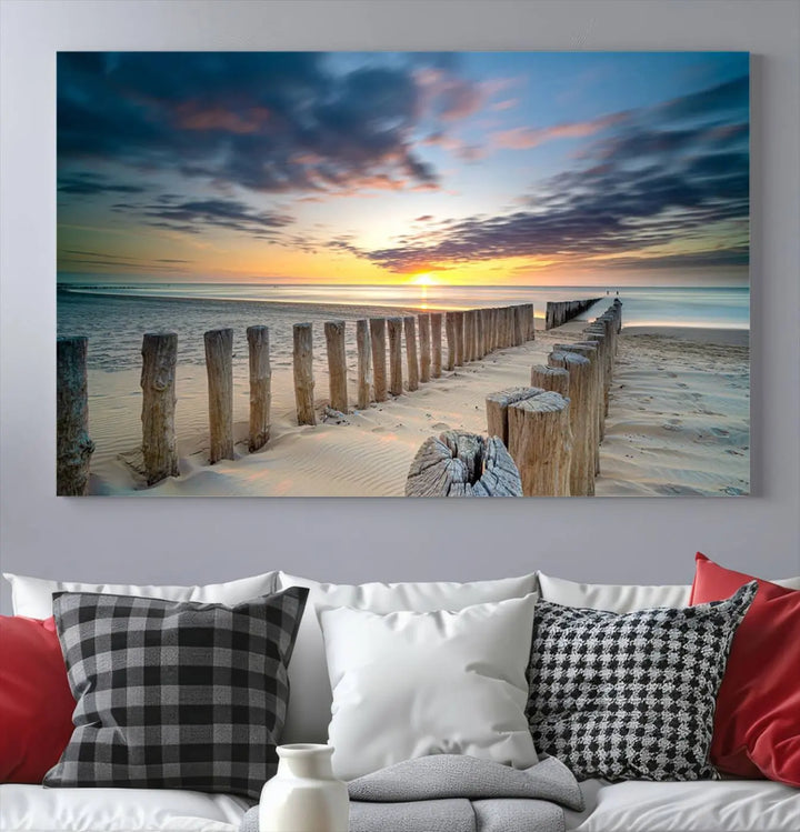 A museum-quality Beach Sunset Ocean Wall Art Canvas Print arranged as a triptych, depicting a tranquil beach sunset scene.