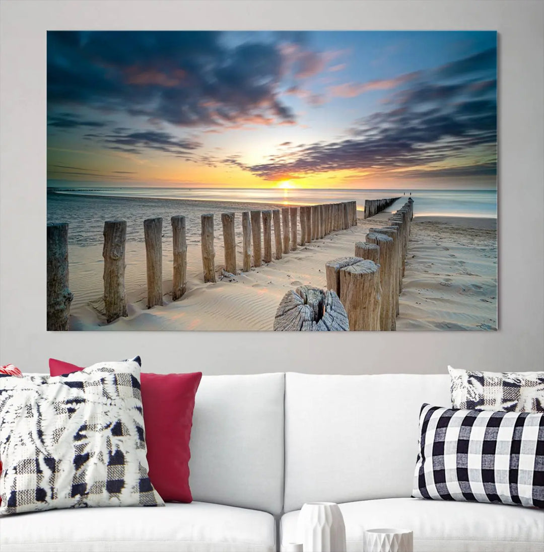 A museum-quality Beach Sunset Ocean Wall Art Canvas Print arranged as a triptych, depicting a tranquil beach sunset scene.