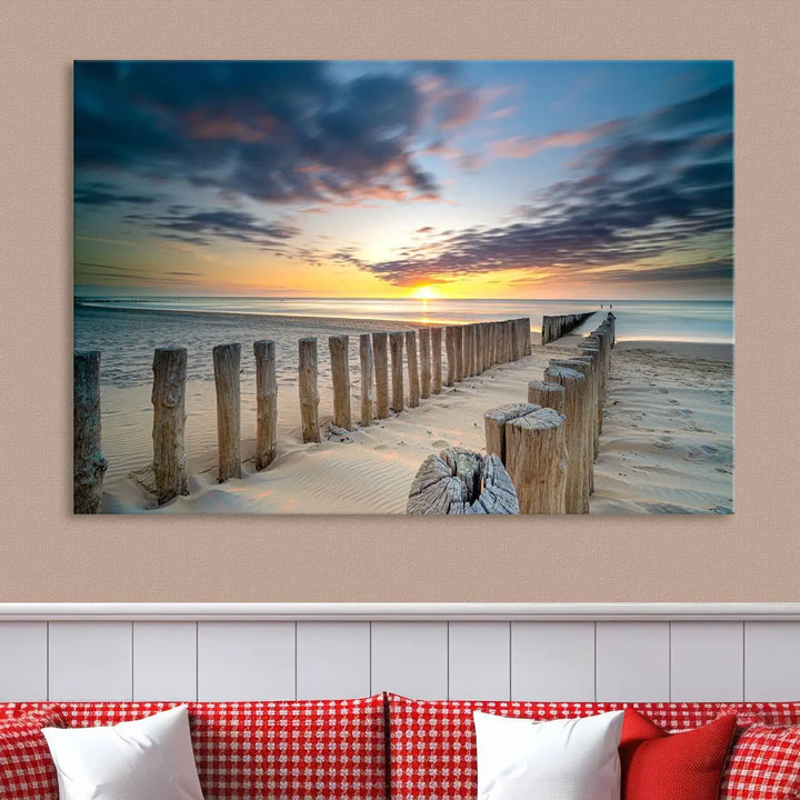 A museum-quality Beach Sunset Ocean Wall Art Canvas Print arranged as a triptych, depicting a tranquil beach sunset scene.