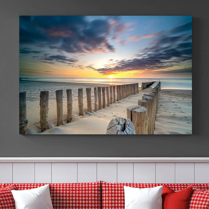 A museum-quality Beach Sunset Ocean Wall Art Canvas Print arranged as a triptych, depicting a tranquil beach sunset scene.