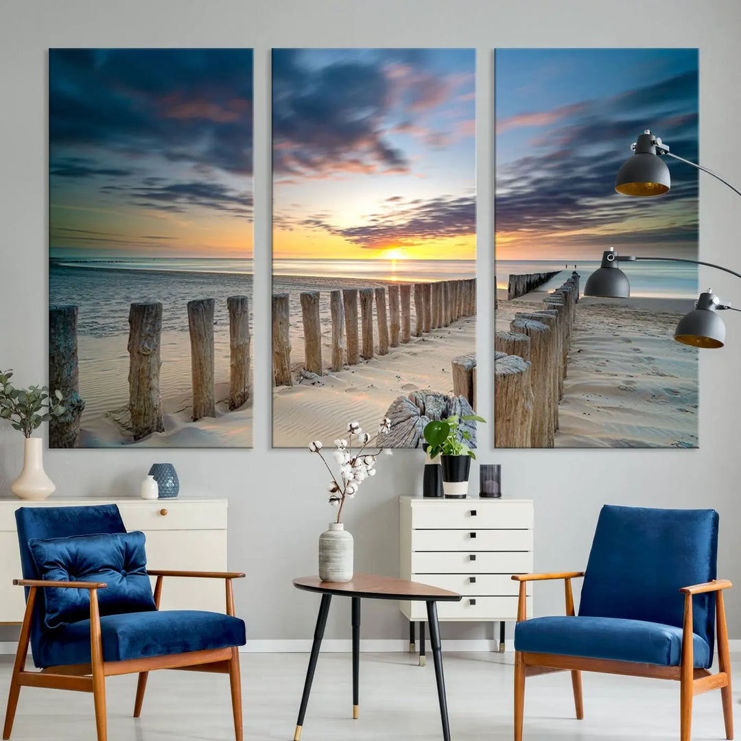 A museum-quality Beach Sunset Ocean Wall Art Canvas Print arranged as a triptych, depicting a tranquil beach sunset scene.