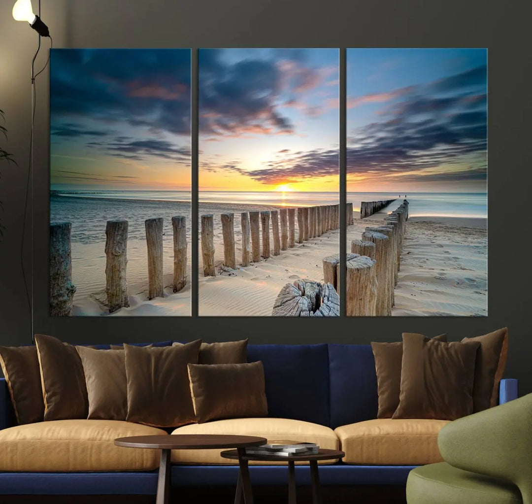 A museum-quality Beach Sunset Ocean Wall Art Canvas Print arranged as a triptych, depicting a tranquil beach sunset scene.