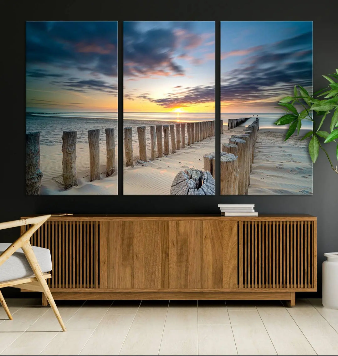 A museum-quality Beach Sunset Ocean Wall Art Canvas Print arranged as a triptych, depicting a tranquil beach sunset scene.