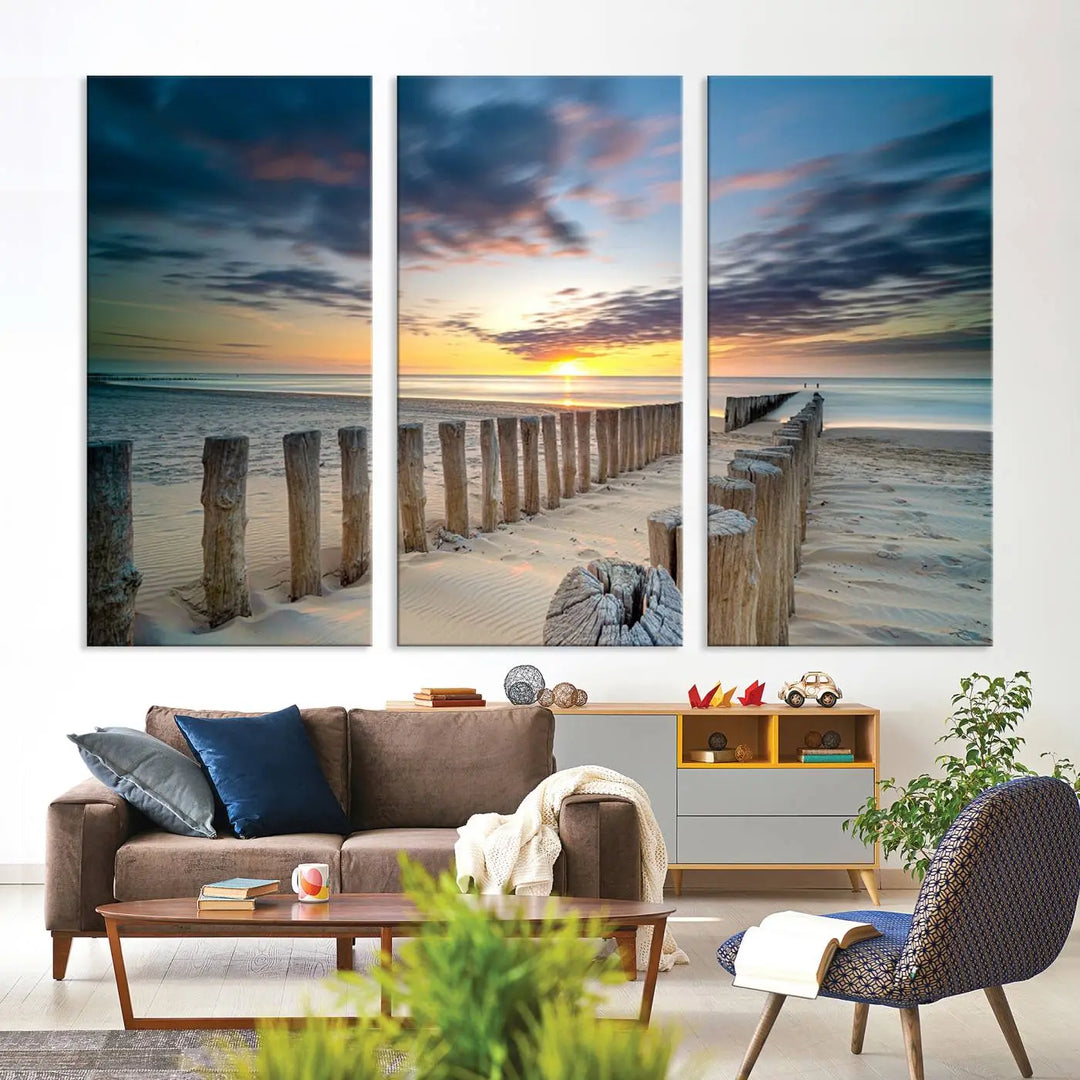 A museum-quality Beach Sunset Ocean Wall Art Canvas Print arranged as a triptych, depicting a tranquil beach sunset scene.