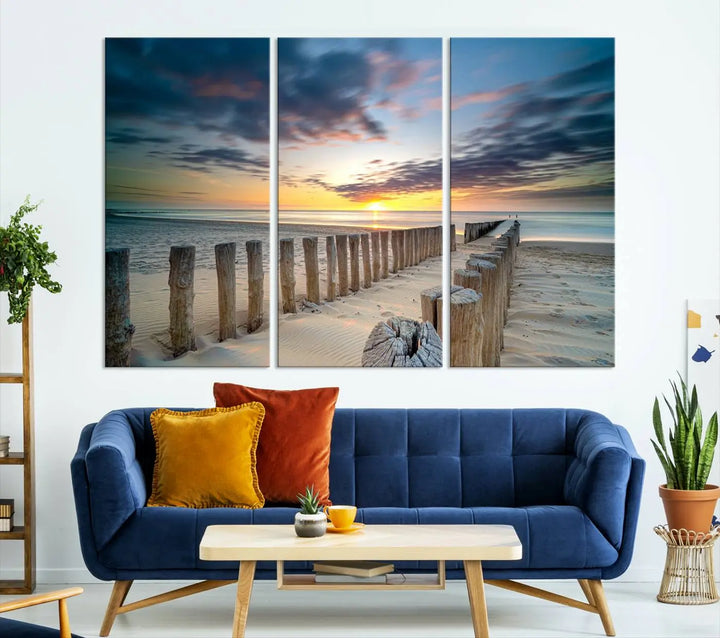 A museum-quality Beach Sunset Ocean Wall Art Canvas Print arranged as a triptych, depicting a tranquil beach sunset scene.