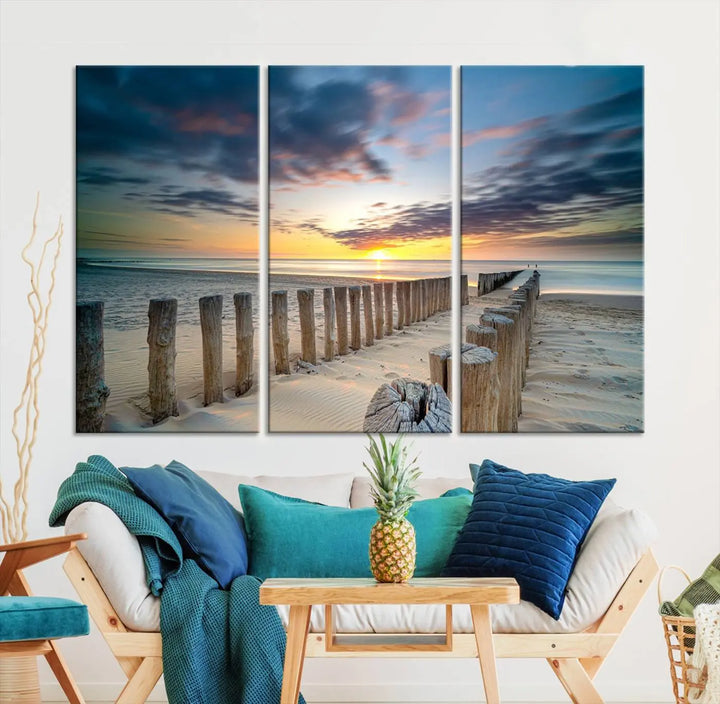 A museum-quality Beach Sunset Ocean Wall Art Canvas Print arranged as a triptych, depicting a tranquil beach sunset scene.