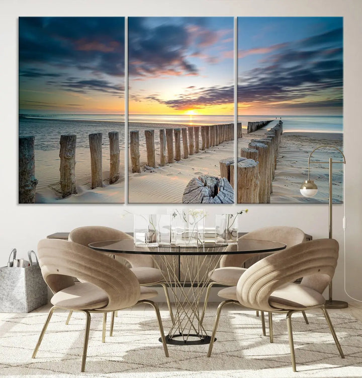 A museum-quality Beach Sunset Ocean Wall Art Canvas Print arranged as a triptych, depicting a tranquil beach sunset scene.