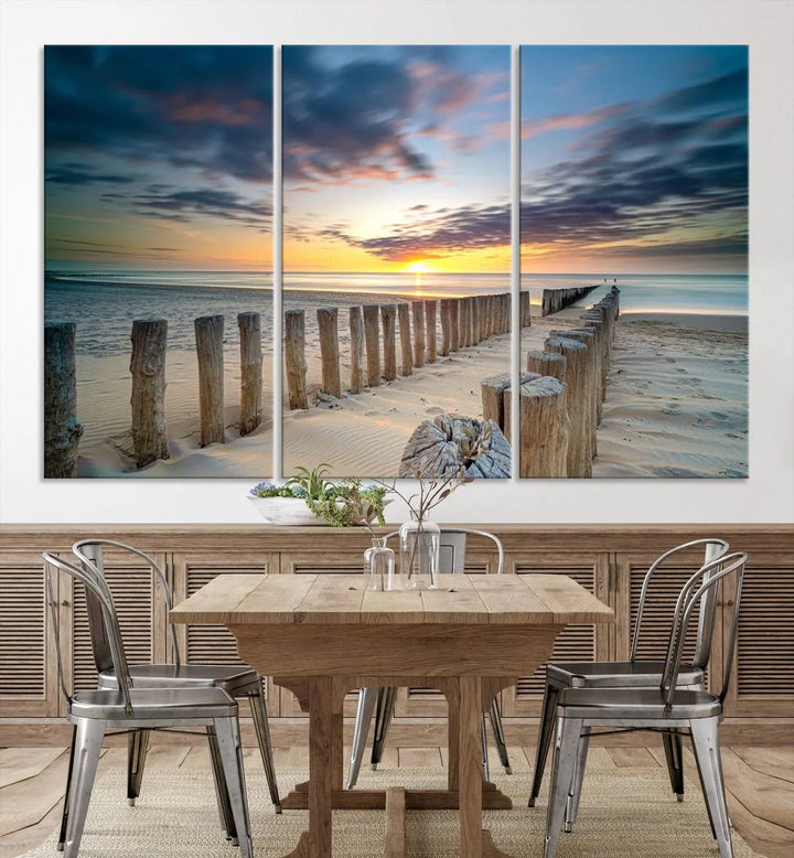 A museum-quality Beach Sunset Ocean Wall Art Canvas Print arranged as a triptych, depicting a tranquil beach sunset scene.