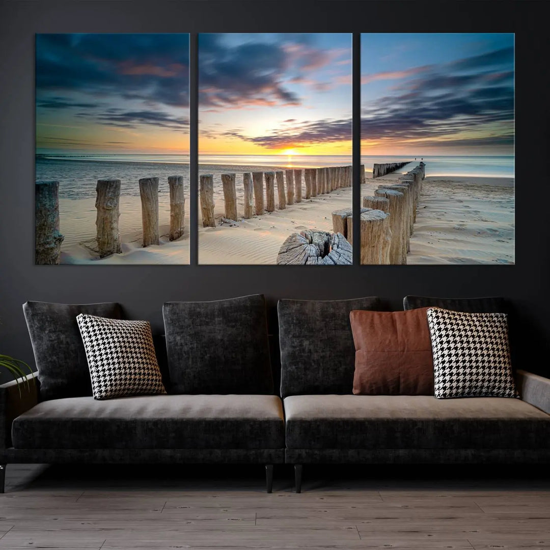 A museum-quality Beach Sunset Ocean Wall Art Canvas Print arranged as a triptych, depicting a tranquil beach sunset scene.