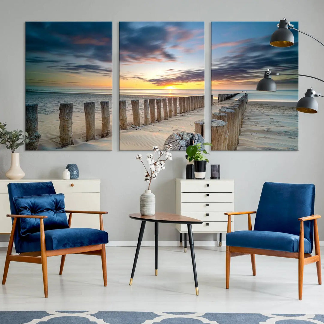 A museum-quality Beach Sunset Ocean Wall Art Canvas Print arranged as a triptych, depicting a tranquil beach sunset scene.