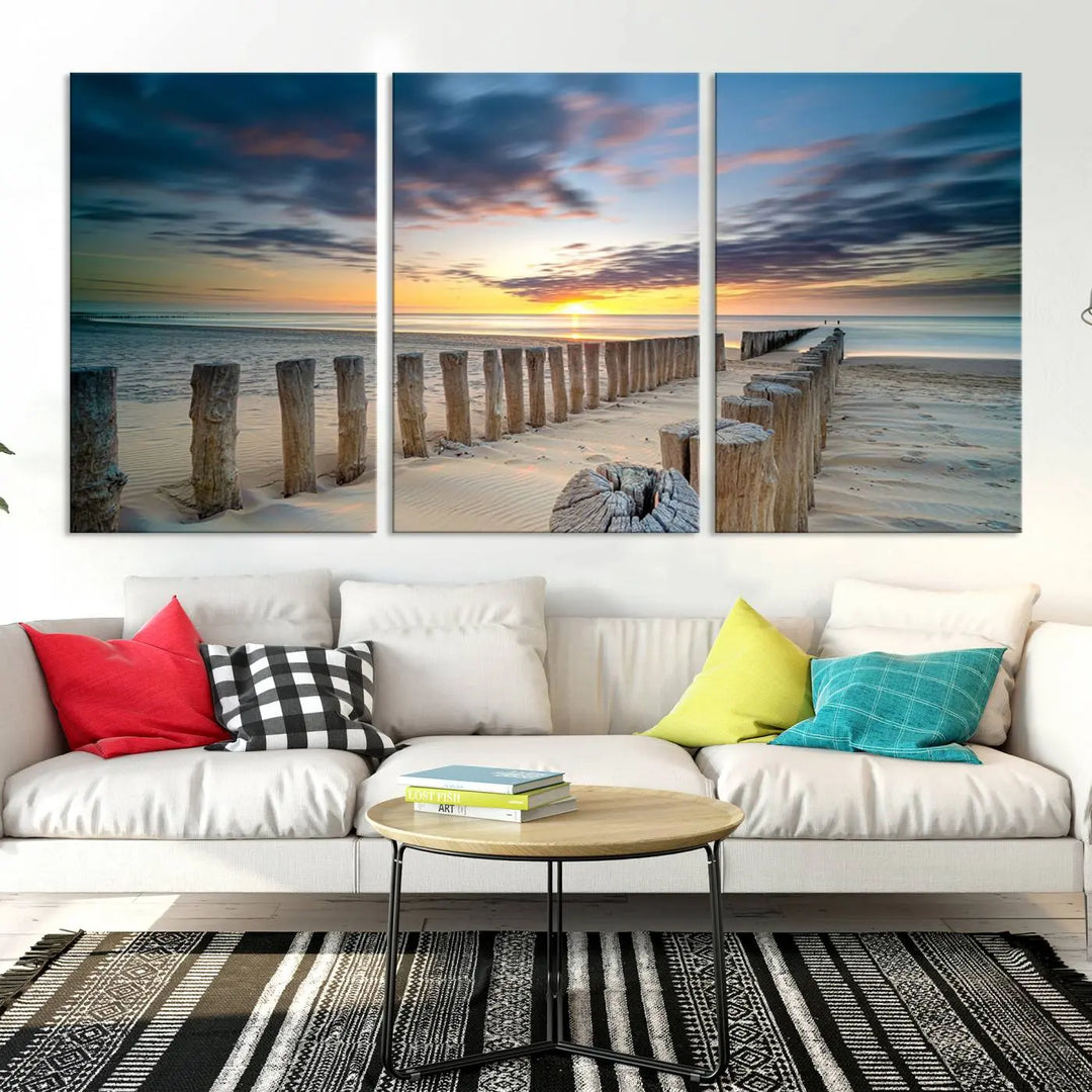 A museum-quality Beach Sunset Ocean Wall Art Canvas Print arranged as a triptych, depicting a tranquil beach sunset scene.