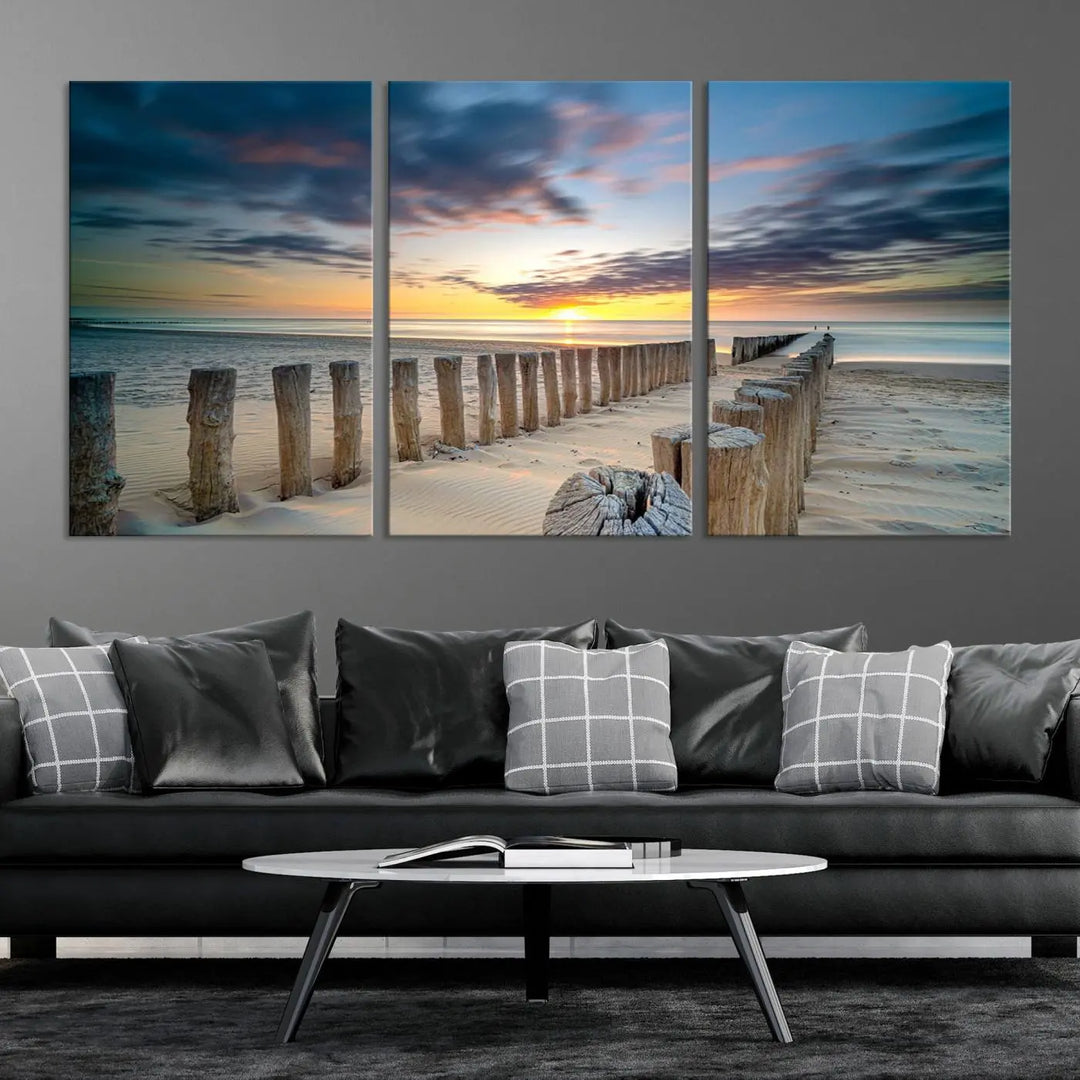 A museum-quality Beach Sunset Ocean Wall Art Canvas Print arranged as a triptych, depicting a tranquil beach sunset scene.