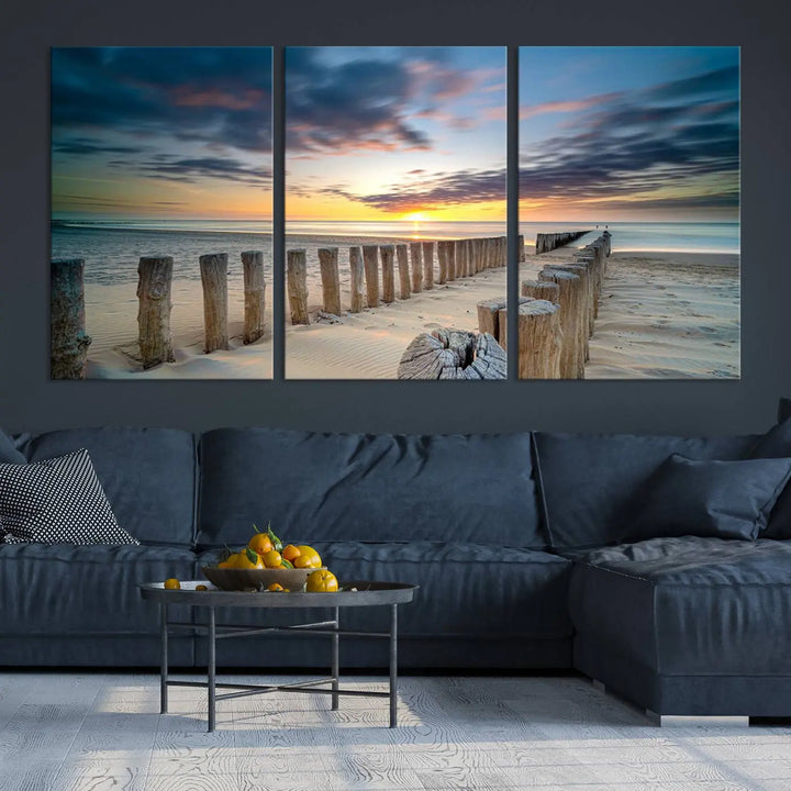 A museum-quality Beach Sunset Ocean Wall Art Canvas Print arranged as a triptych, depicting a tranquil beach sunset scene.