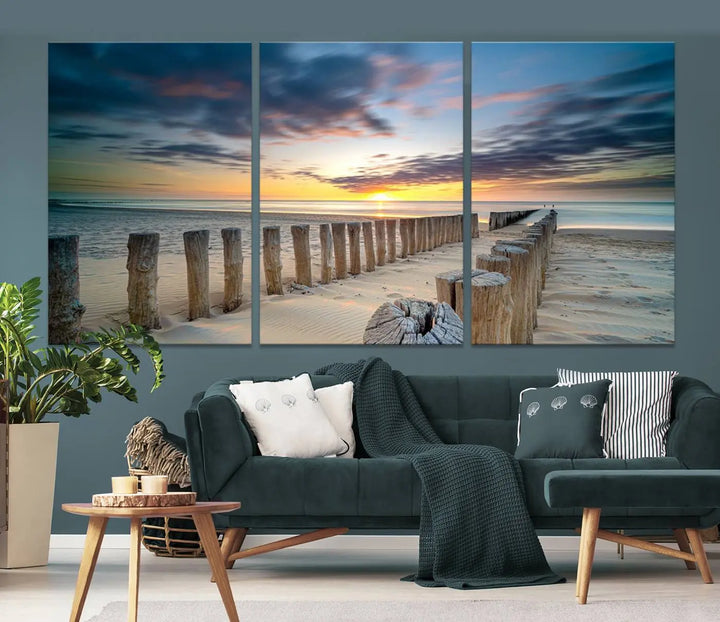 A museum-quality Beach Sunset Ocean Wall Art Canvas Print arranged as a triptych, depicting a tranquil beach sunset scene.