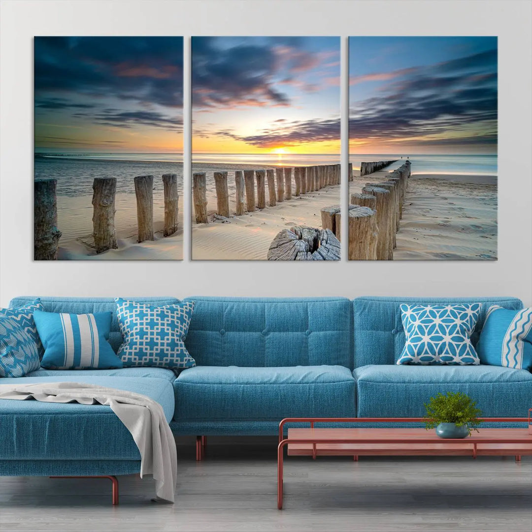 A museum-quality Beach Sunset Ocean Wall Art Canvas Print arranged as a triptych, depicting a tranquil beach sunset scene.