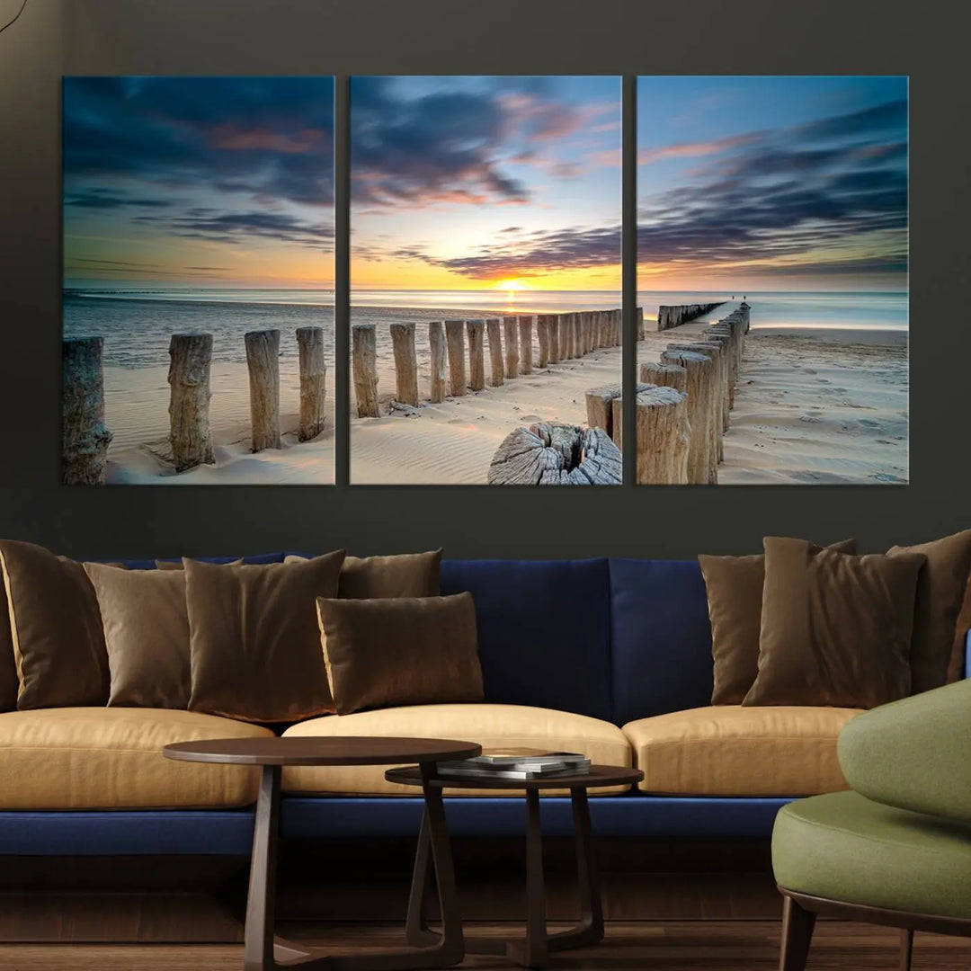 A museum-quality Beach Sunset Ocean Wall Art Canvas Print arranged as a triptych, depicting a tranquil beach sunset scene.