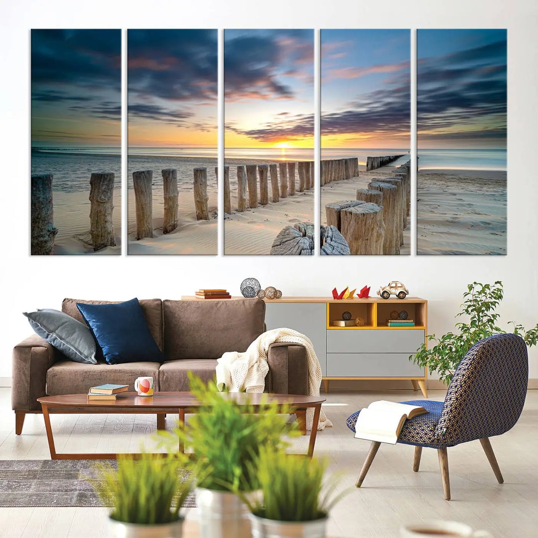 A museum-quality Beach Sunset Ocean Wall Art Canvas Print arranged as a triptych, depicting a tranquil beach sunset scene.