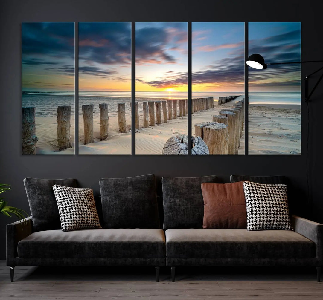 A museum-quality Beach Sunset Ocean Wall Art Canvas Print arranged as a triptych, depicting a tranquil beach sunset scene.