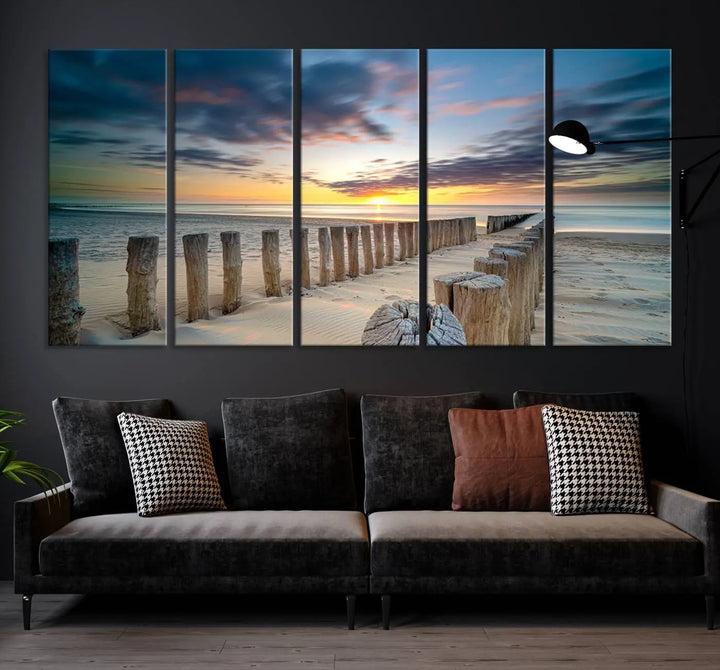 A museum-quality Beach Sunset Ocean Wall Art Canvas Print arranged as a triptych, depicting a tranquil beach sunset scene.