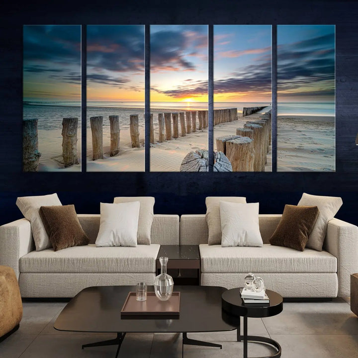 A museum-quality Beach Sunset Ocean Wall Art Canvas Print arranged as a triptych, depicting a tranquil beach sunset scene.