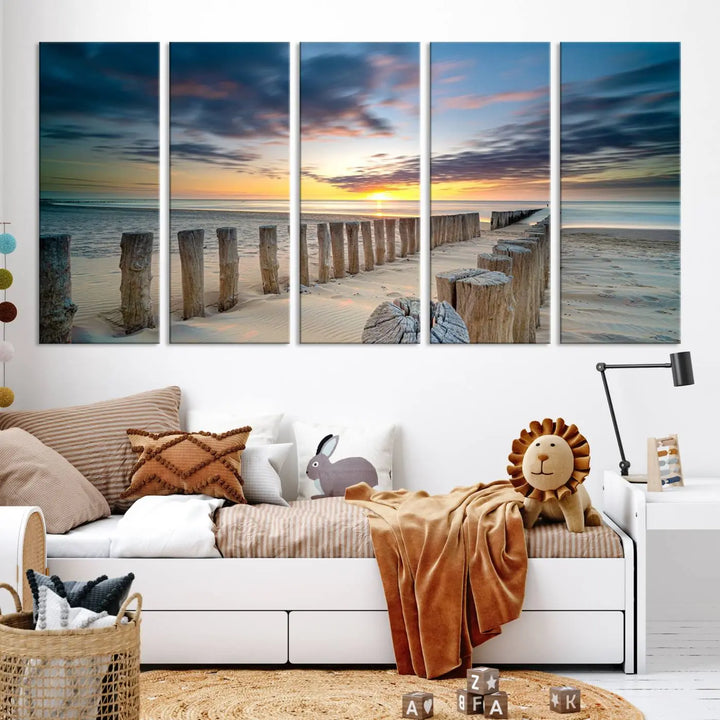 A museum-quality Beach Sunset Ocean Wall Art Canvas Print arranged as a triptych, depicting a tranquil beach sunset scene.