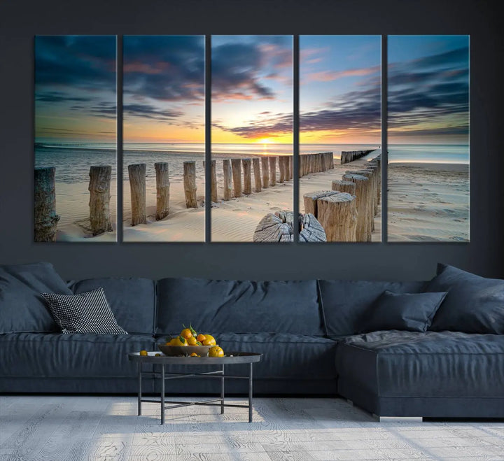 A museum-quality Beach Sunset Ocean Wall Art Canvas Print arranged as a triptych, depicting a tranquil beach sunset scene.