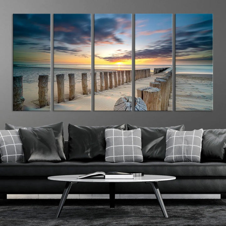 A museum-quality Beach Sunset Ocean Wall Art Canvas Print arranged as a triptych, depicting a tranquil beach sunset scene.