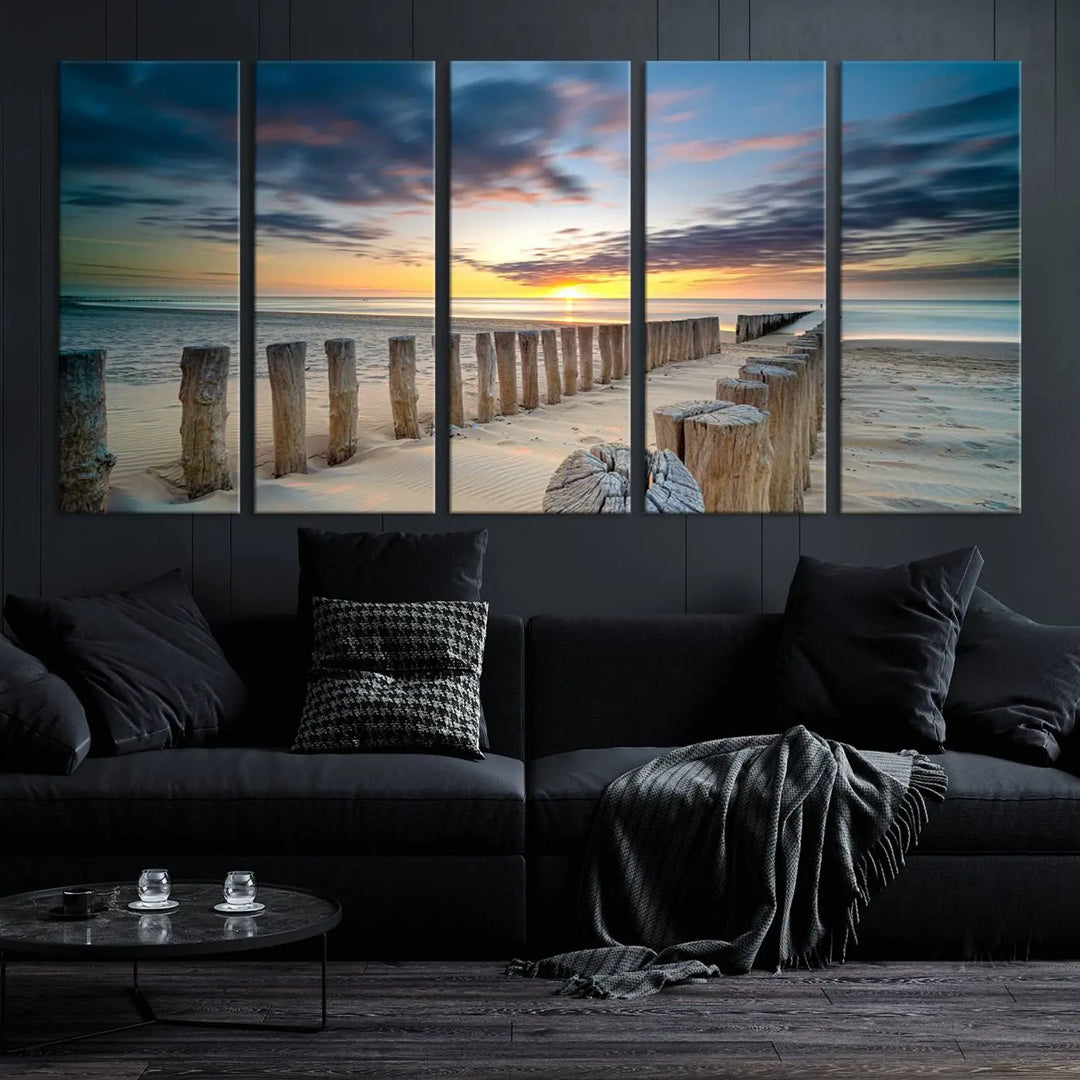 A museum-quality Beach Sunset Ocean Wall Art Canvas Print arranged as a triptych, depicting a tranquil beach sunset scene.