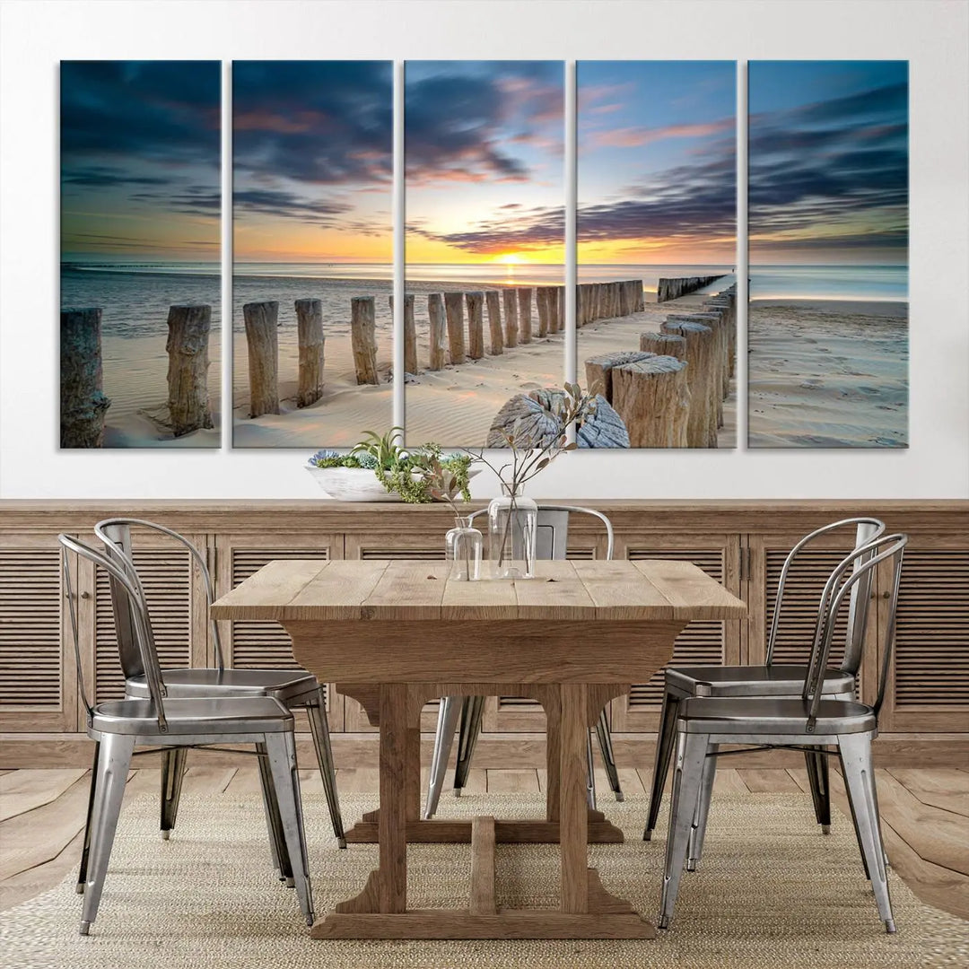 A museum-quality Beach Sunset Ocean Wall Art Canvas Print arranged as a triptych, depicting a tranquil beach sunset scene.