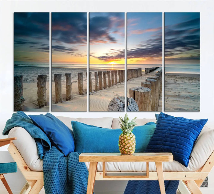 A museum-quality Beach Sunset Ocean Wall Art Canvas Print arranged as a triptych, depicting a tranquil beach sunset scene.