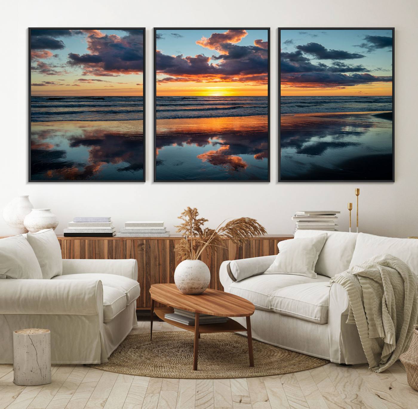 44145-MGV-FC-60X30-3P_Black-Beach Sunset Print - Stunning Ocean Canvas Artwork with Sunset Reflection Design for Elegant Home or Office Wall Decor