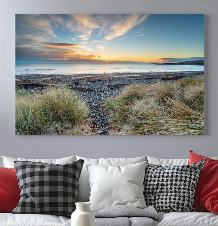 The living room features a Beach Sunset wall art canvas print gracing the wall, presented on museum-quality canvas with a UV-protective coating to ensure lasting vibrancy.