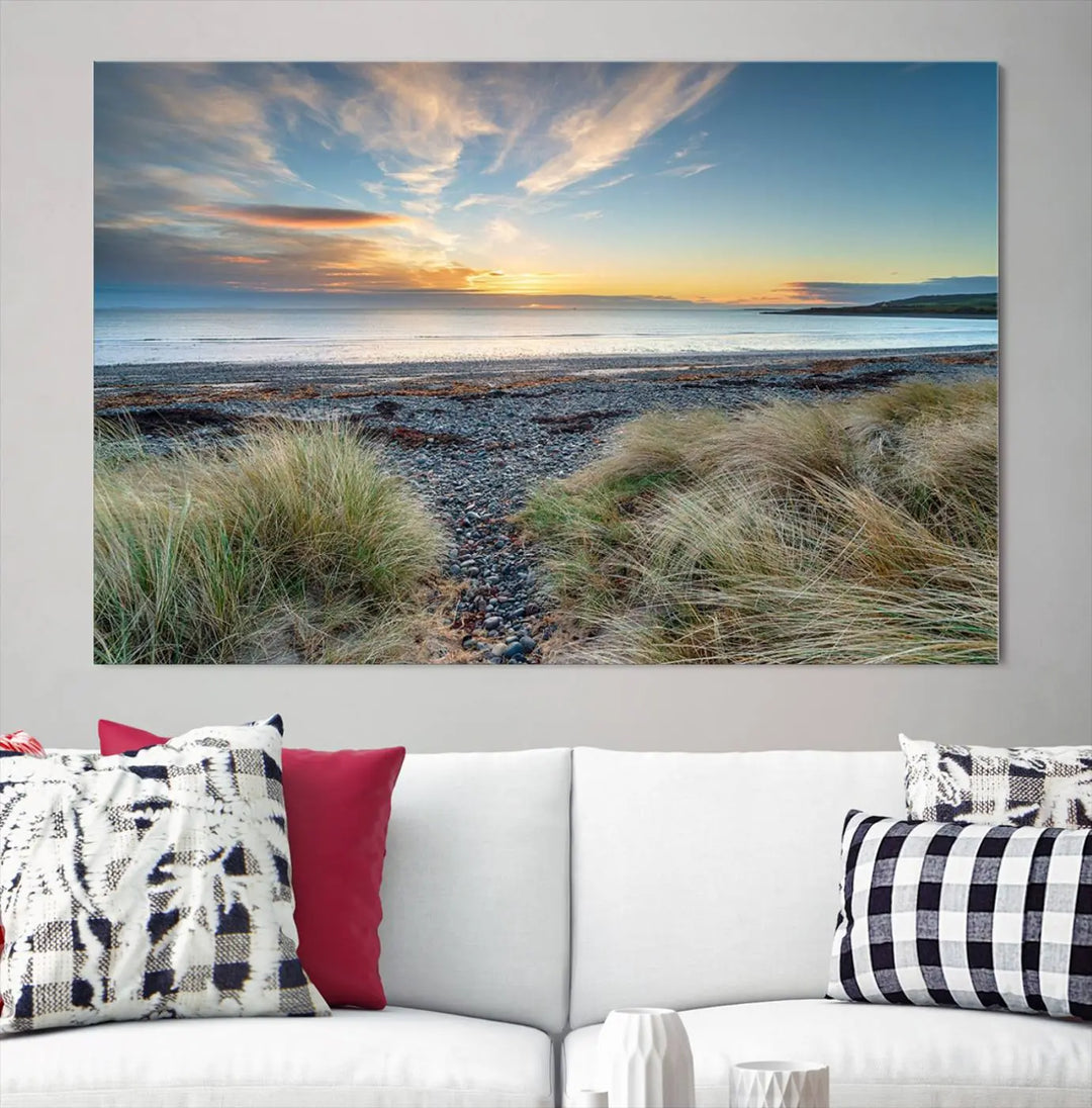 The living room features a Beach Sunset wall art canvas print gracing the wall, presented on museum-quality canvas with a UV-protective coating to ensure lasting vibrancy.