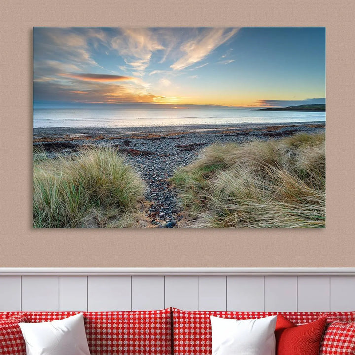 The living room features a Beach Sunset wall art canvas print gracing the wall, presented on museum-quality canvas with a UV-protective coating to ensure lasting vibrancy.