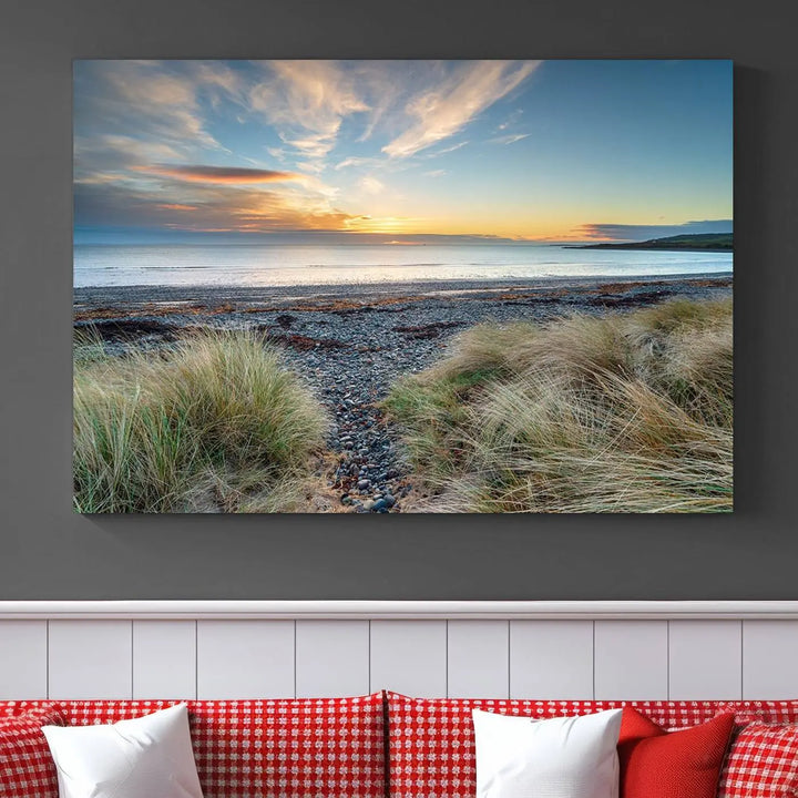 The living room features a Beach Sunset wall art canvas print gracing the wall, presented on museum-quality canvas with a UV-protective coating to ensure lasting vibrancy.