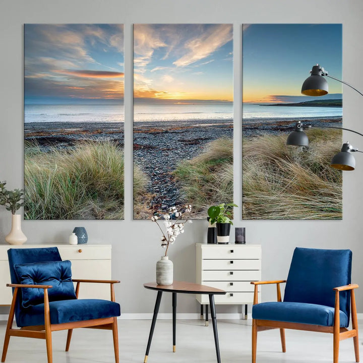 The living room features a Beach Sunset wall art canvas print gracing the wall, presented on museum-quality canvas with a UV-protective coating to ensure lasting vibrancy.