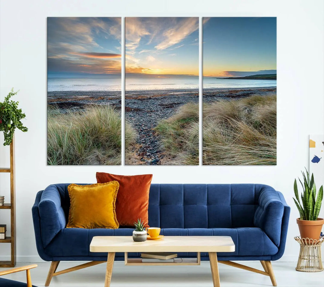 The living room features a Beach Sunset wall art canvas print gracing the wall, presented on museum-quality canvas with a UV-protective coating to ensure lasting vibrancy.