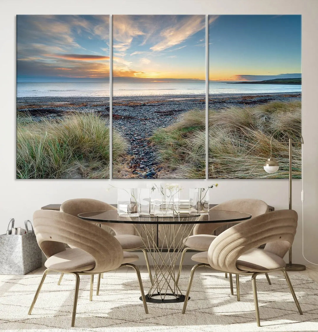 The living room features a Beach Sunset wall art canvas print gracing the wall, presented on museum-quality canvas with a UV-protective coating to ensure lasting vibrancy.