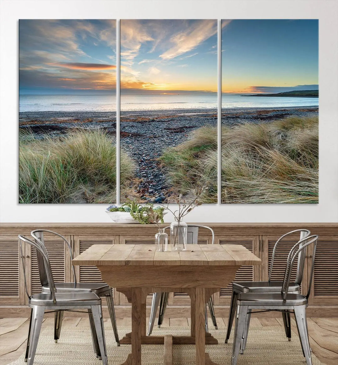 The living room features a Beach Sunset wall art canvas print gracing the wall, presented on museum-quality canvas with a UV-protective coating to ensure lasting vibrancy.