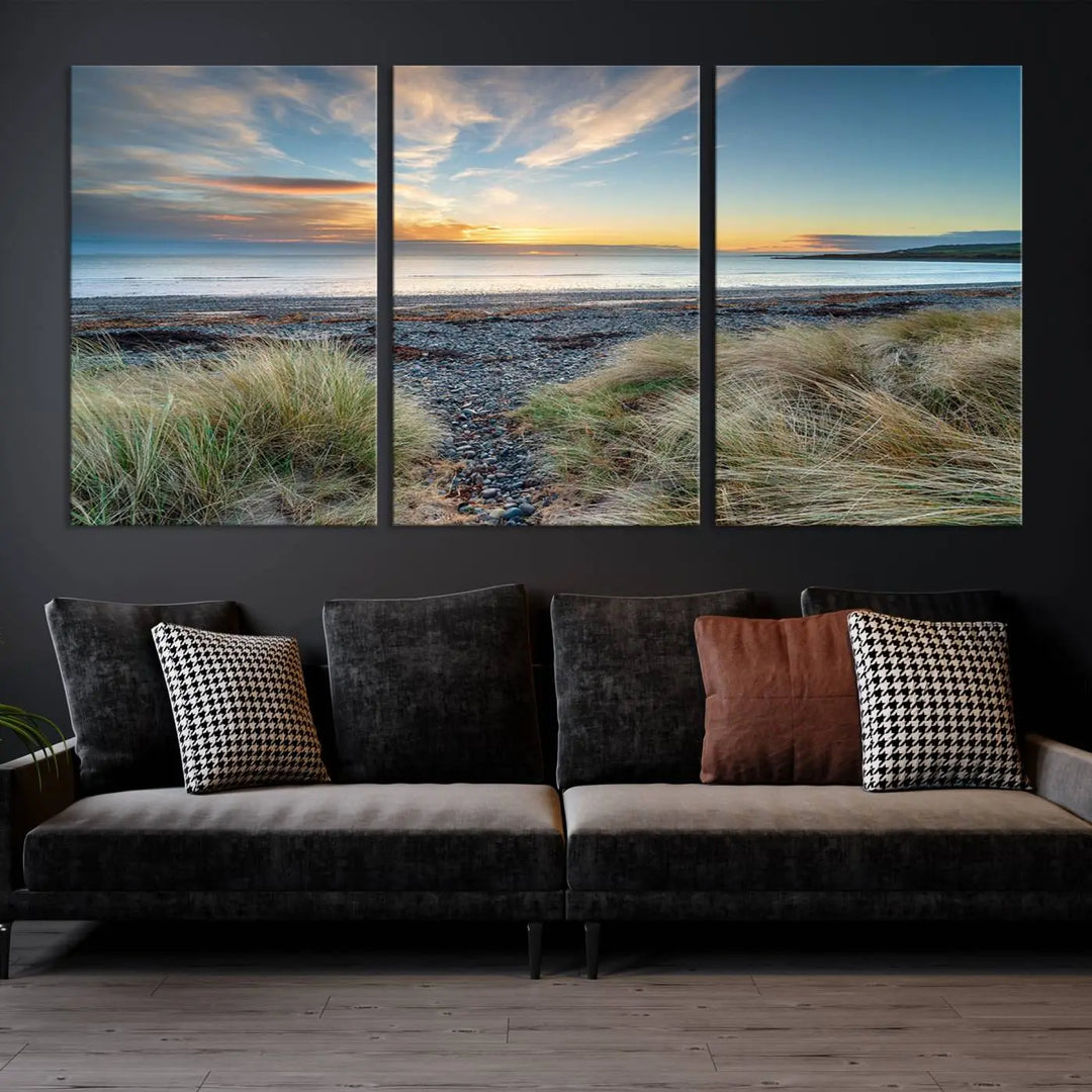 The living room features a Beach Sunset wall art canvas print gracing the wall, presented on museum-quality canvas with a UV-protective coating to ensure lasting vibrancy.