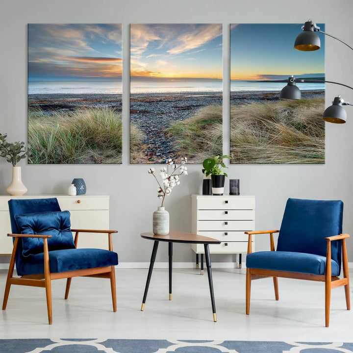 The living room features a Beach Sunset wall art canvas print gracing the wall, presented on museum-quality canvas with a UV-protective coating to ensure lasting vibrancy.