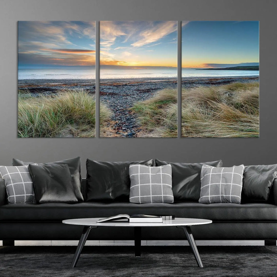 The living room features a Beach Sunset wall art canvas print gracing the wall, presented on museum-quality canvas with a UV-protective coating to ensure lasting vibrancy.