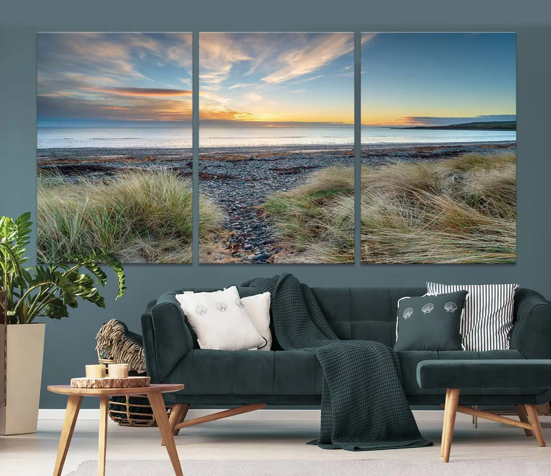 The living room features a Beach Sunset wall art canvas print gracing the wall, presented on museum-quality canvas with a UV-protective coating to ensure lasting vibrancy.